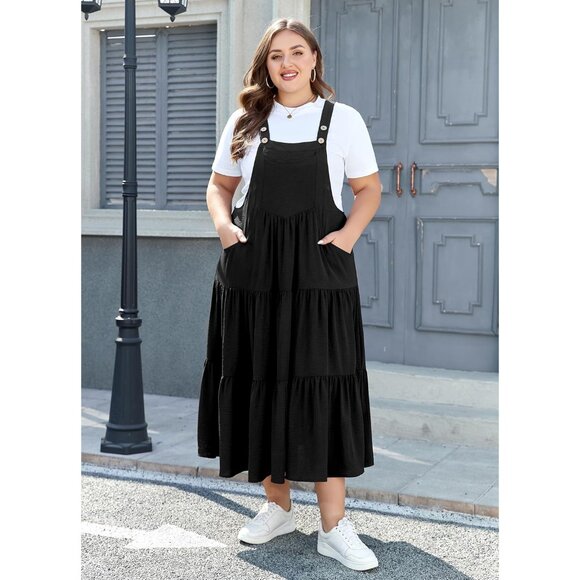 Black Tiered Maxi Dress for Plus Size Women with Pockets & Suspender Straps - Picture 2 of 5